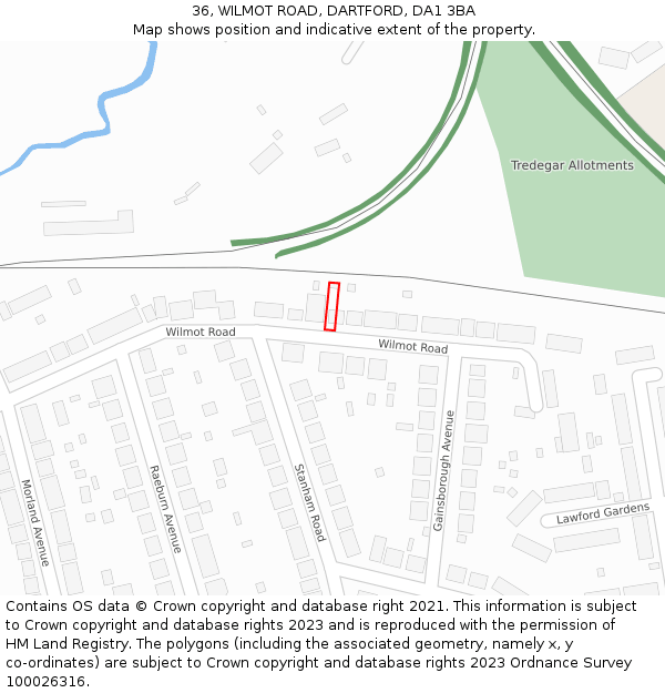36, WILMOT ROAD, DARTFORD, DA1 3BA: Location map and indicative extent of plot