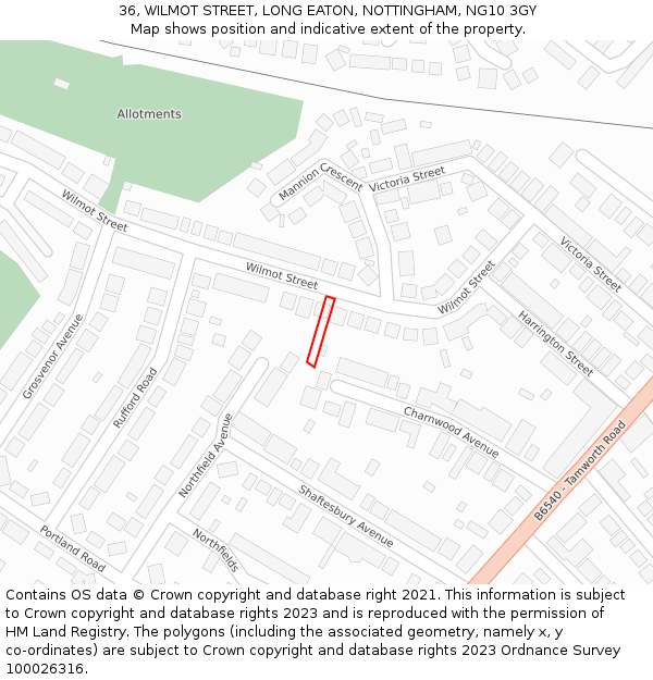 36, WILMOT STREET, LONG EATON, NOTTINGHAM, NG10 3GY: Location map and indicative extent of plot