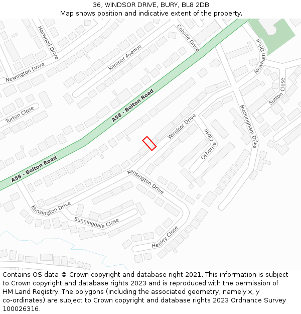 36, WINDSOR DRIVE, BURY, BL8 2DB: Location map and indicative extent of plot