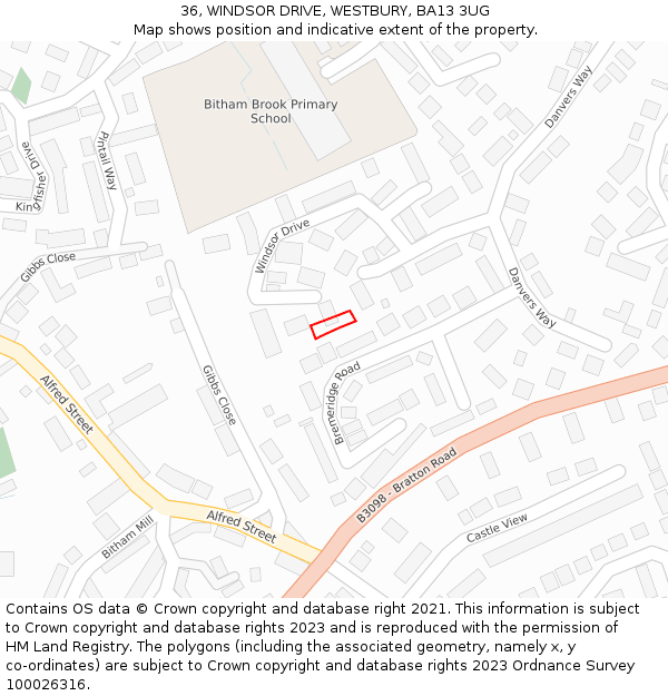 36, WINDSOR DRIVE, WESTBURY, BA13 3UG: Location map and indicative extent of plot