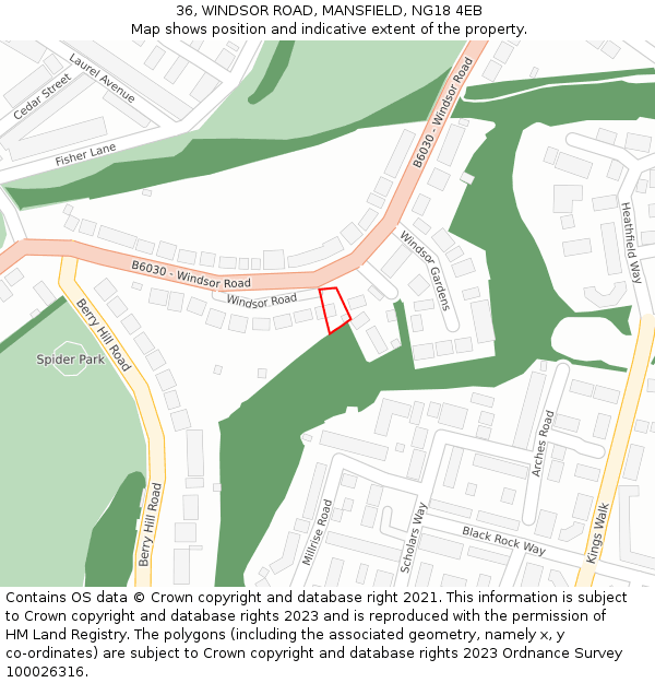 36, WINDSOR ROAD, MANSFIELD, NG18 4EB: Location map and indicative extent of plot