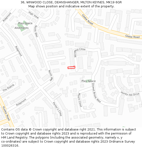 36, WINWOOD CLOSE, DEANSHANGER, MILTON KEYNES, MK19 6GR: Location map and indicative extent of plot
