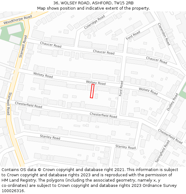 36, WOLSEY ROAD, ASHFORD, TW15 2RB: Location map and indicative extent of plot