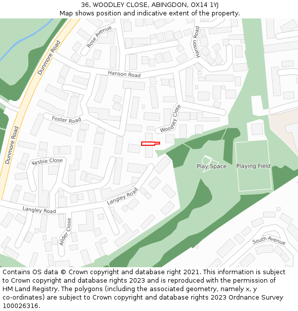36, WOODLEY CLOSE, ABINGDON, OX14 1YJ: Location map and indicative extent of plot