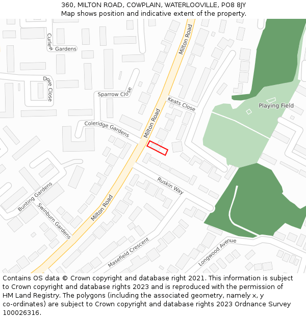 360, MILTON ROAD, COWPLAIN, WATERLOOVILLE, PO8 8JY: Location map and indicative extent of plot
