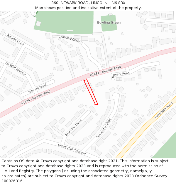 360, NEWARK ROAD, LINCOLN, LN6 8RX: Location map and indicative extent of plot