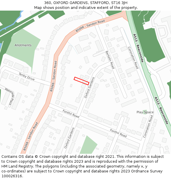 360, OXFORD GARDENS, STAFFORD, ST16 3JH: Location map and indicative extent of plot