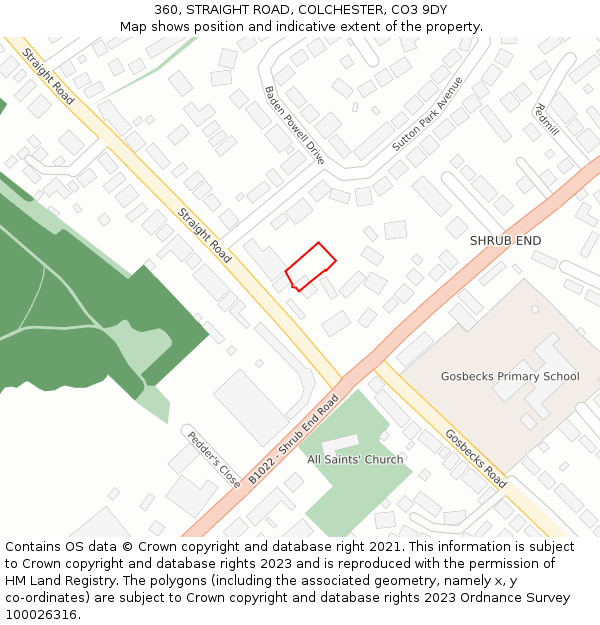 360, STRAIGHT ROAD, COLCHESTER, CO3 9DY: Location map and indicative extent of plot