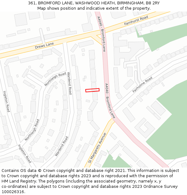 361, BROMFORD LANE, WASHWOOD HEATH, BIRMINGHAM, B8 2RY: Location map and indicative extent of plot