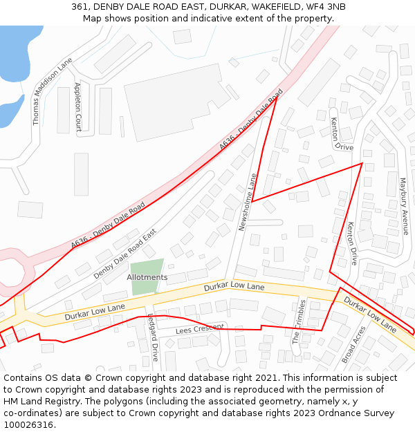 361, DENBY DALE ROAD EAST, DURKAR, WAKEFIELD, WF4 3NB: Location map and indicative extent of plot