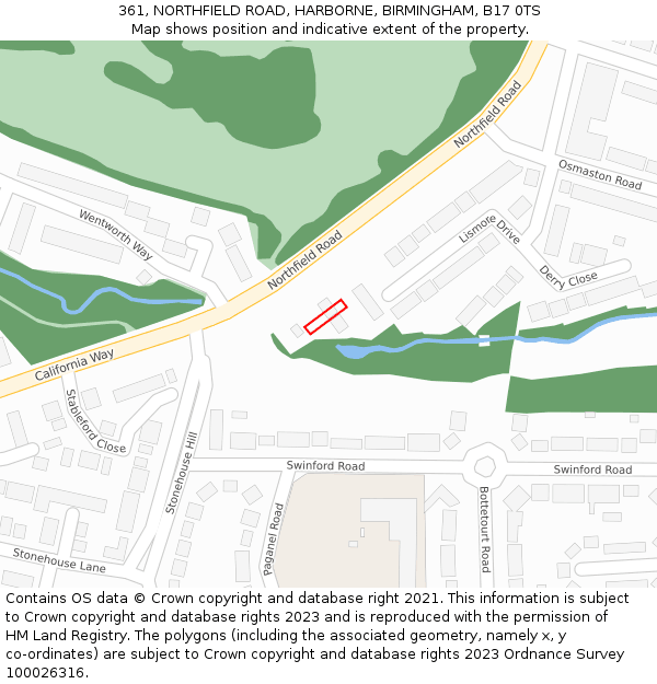 361, NORTHFIELD ROAD, HARBORNE, BIRMINGHAM, B17 0TS: Location map and indicative extent of plot