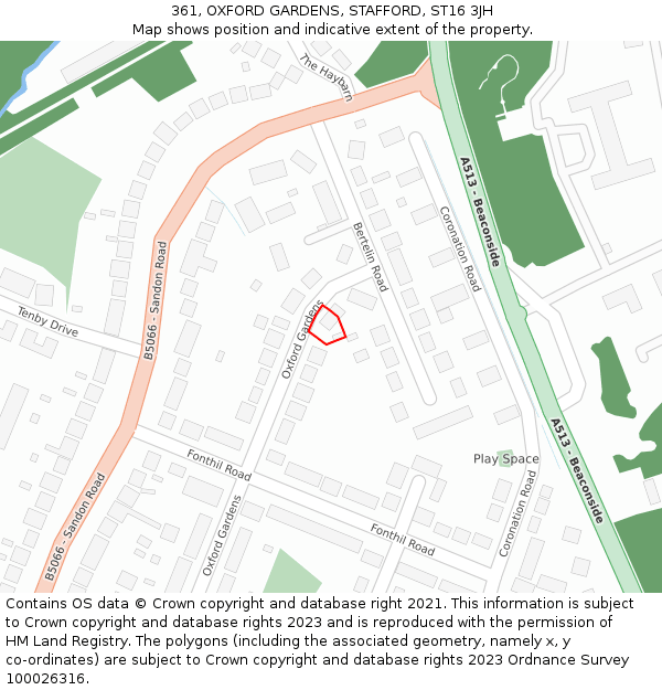 361, OXFORD GARDENS, STAFFORD, ST16 3JH: Location map and indicative extent of plot
