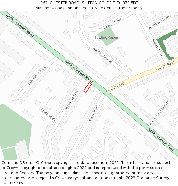 362, CHESTER ROAD, SUTTON COLDFIELD, B73 5BT: Location map and indicative extent of plot