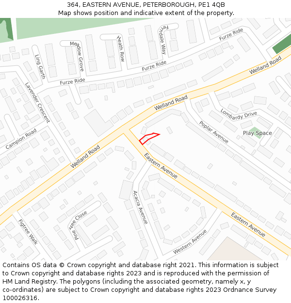 364, EASTERN AVENUE, PETERBOROUGH, PE1 4QB: Location map and indicative extent of plot