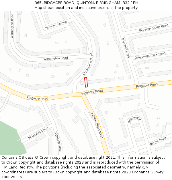 365, RIDGACRE ROAD, QUINTON, BIRMINGHAM, B32 1EH: Location map and indicative extent of plot