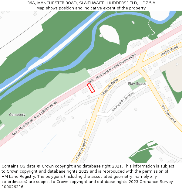 36A, MANCHESTER ROAD, SLAITHWAITE, HUDDERSFIELD, HD7 5JA: Location map and indicative extent of plot