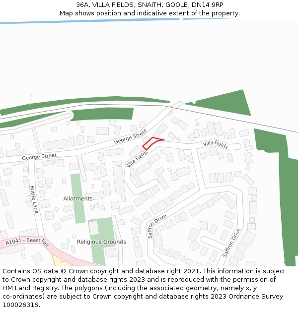 36A, VILLA FIELDS, SNAITH, GOOLE, DN14 9RP: Location map and indicative extent of plot