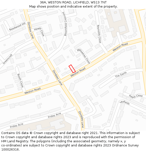 36A, WESTON ROAD, LICHFIELD, WS13 7NT: Location map and indicative extent of plot