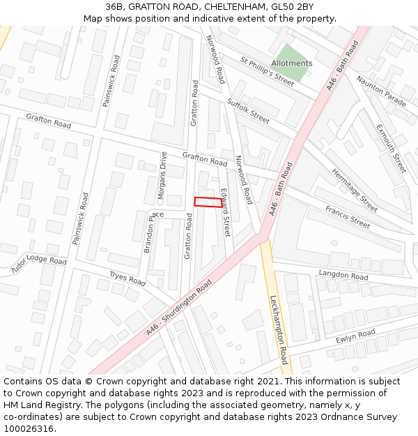 36B, GRATTON ROAD, CHELTENHAM, GL50 2BY: Location map and indicative extent of plot
