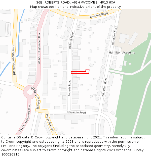 36B, ROBERTS ROAD, HIGH WYCOMBE, HP13 6XA: Location map and indicative extent of plot