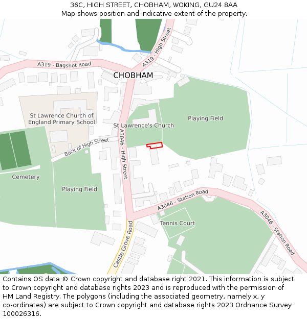 36C, HIGH STREET, CHOBHAM, WOKING, GU24 8AA: Location map and indicative extent of plot