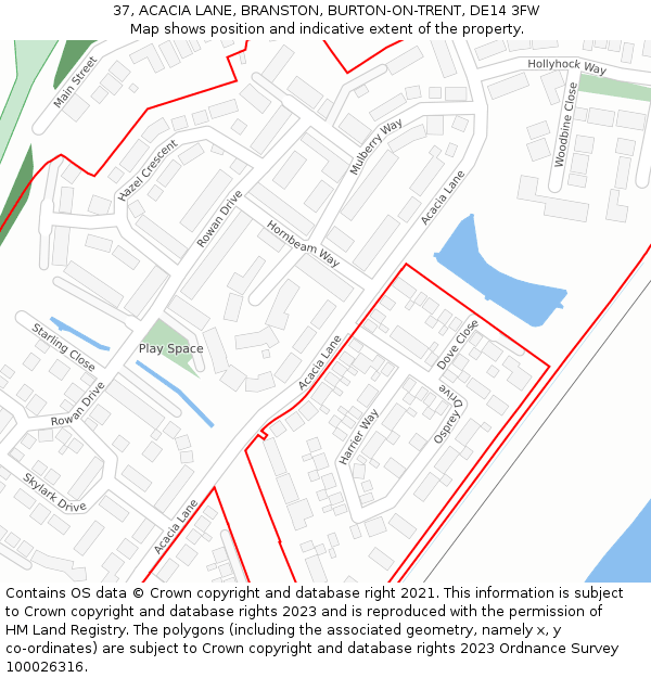 37, ACACIA LANE, BRANSTON, BURTON-ON-TRENT, DE14 3FW: Location map and indicative extent of plot