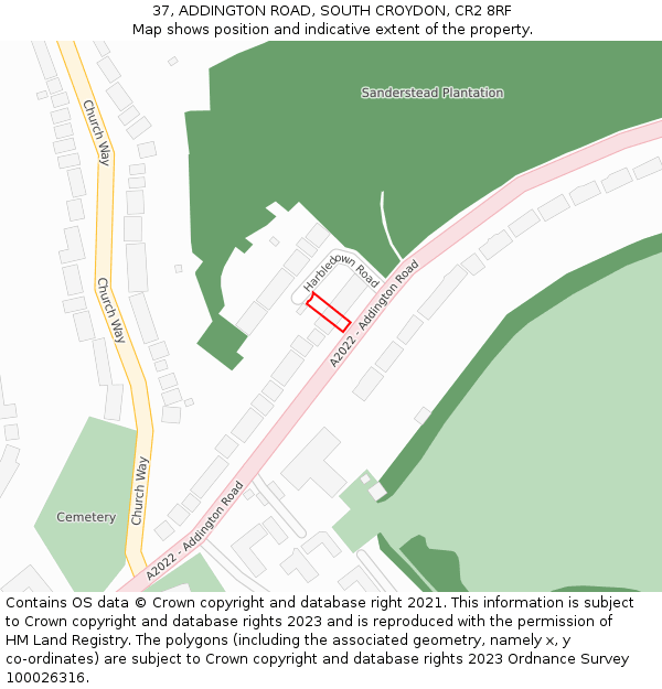 37, ADDINGTON ROAD, SOUTH CROYDON, CR2 8RF: Location map and indicative extent of plot