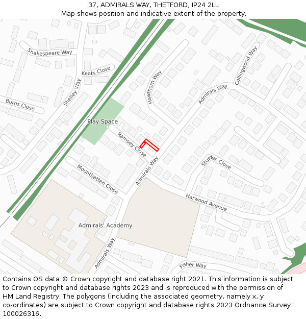 37, ADMIRALS WAY, THETFORD, IP24 2LL: Location map and indicative extent of plot