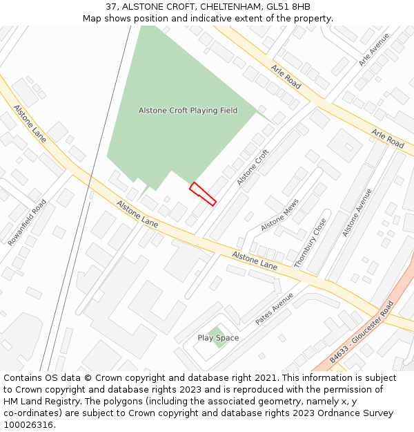 37, ALSTONE CROFT, CHELTENHAM, GL51 8HB: Location map and indicative extent of plot