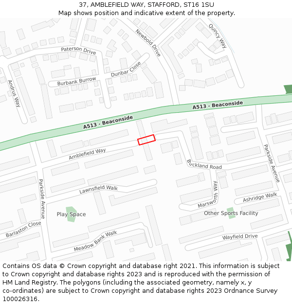 37, AMBLEFIELD WAY, STAFFORD, ST16 1SU: Location map and indicative extent of plot