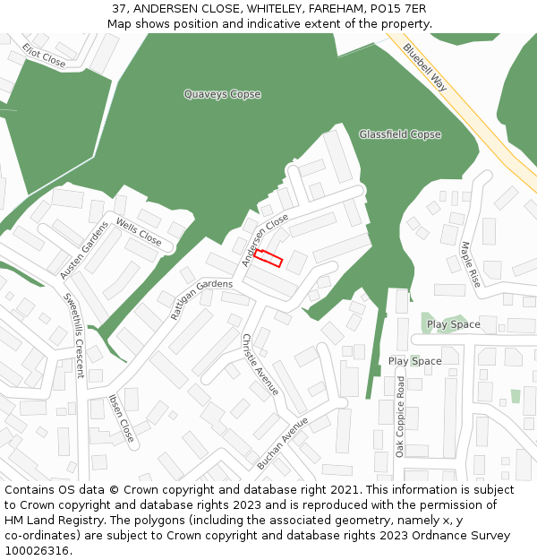 37, ANDERSEN CLOSE, WHITELEY, FAREHAM, PO15 7ER: Location map and indicative extent of plot