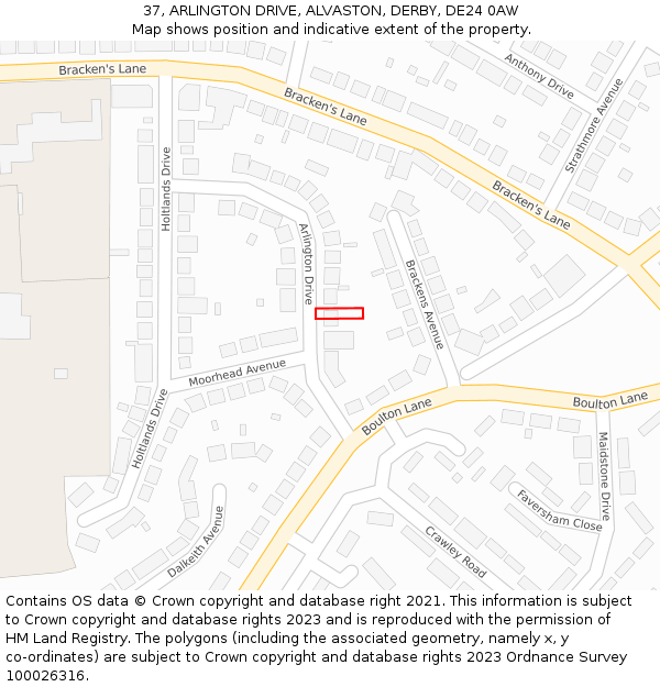37, ARLINGTON DRIVE, ALVASTON, DERBY, DE24 0AW: Location map and indicative extent of plot