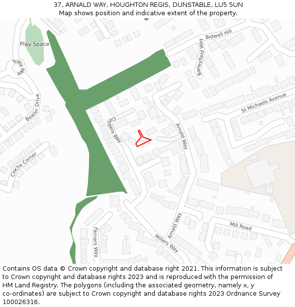 37, ARNALD WAY, HOUGHTON REGIS, DUNSTABLE, LU5 5UN: Location map and indicative extent of plot