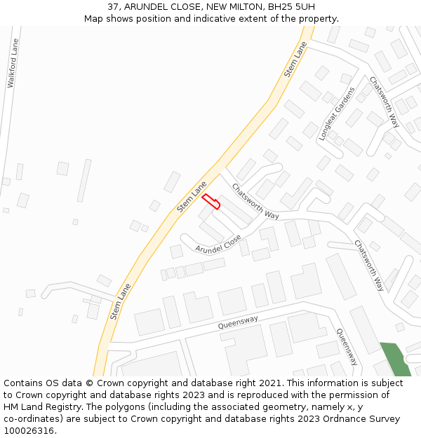 37, ARUNDEL CLOSE, NEW MILTON, BH25 5UH: Location map and indicative extent of plot