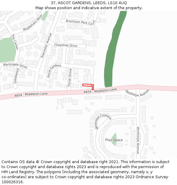 37, ASCOT GARDENS, LEEDS, LS10 4UQ: Location map and indicative extent of plot