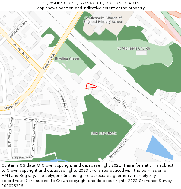 37, ASHBY CLOSE, FARNWORTH, BOLTON, BL4 7TS: Location map and indicative extent of plot