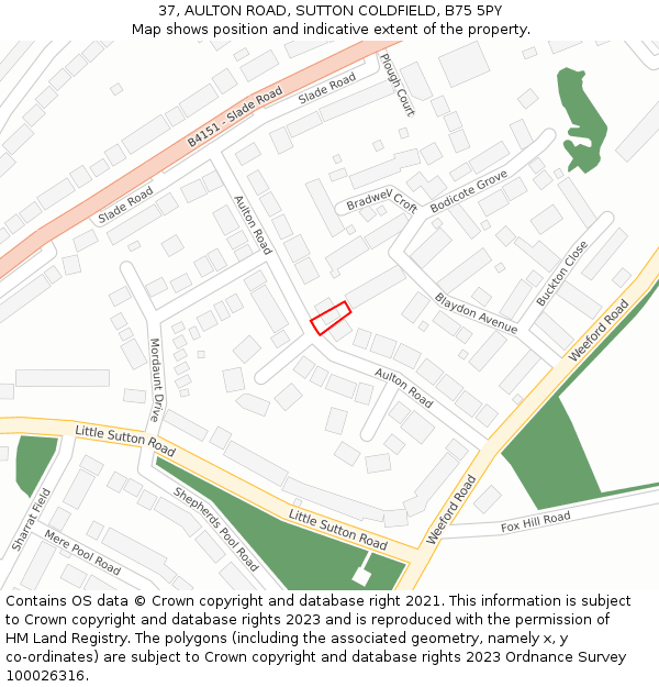 37, AULTON ROAD, SUTTON COLDFIELD, B75 5PY: Location map and indicative extent of plot