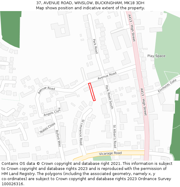 37, AVENUE ROAD, WINSLOW, BUCKINGHAM, MK18 3DH: Location map and indicative extent of plot