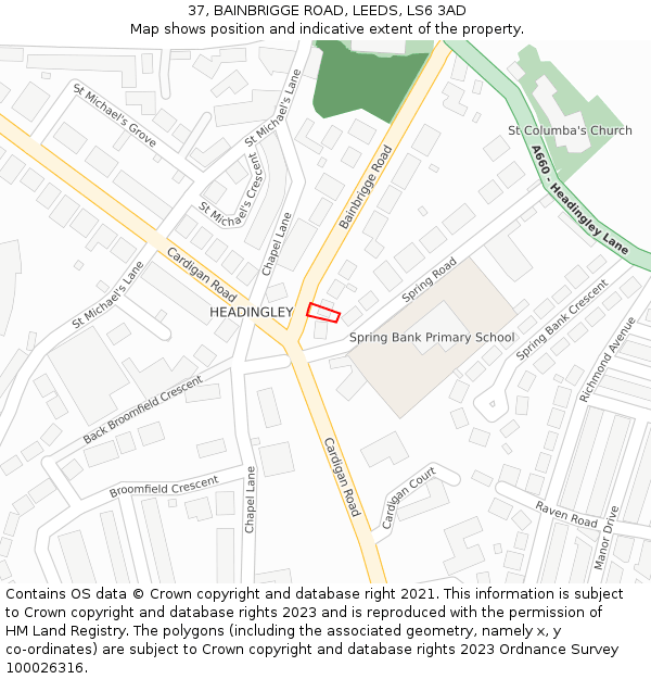 37, BAINBRIGGE ROAD, LEEDS, LS6 3AD: Location map and indicative extent of plot
