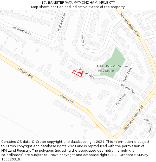 37, BANISTER WAY, WYMONDHAM, NR18 0TY: Location map and indicative extent of plot