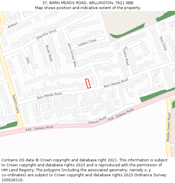 37, BARN MEADS ROAD, WELLINGTON, TA21 9BB: Location map and indicative extent of plot