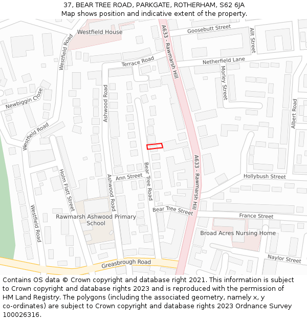 37, BEAR TREE ROAD, PARKGATE, ROTHERHAM, S62 6JA: Location map and indicative extent of plot