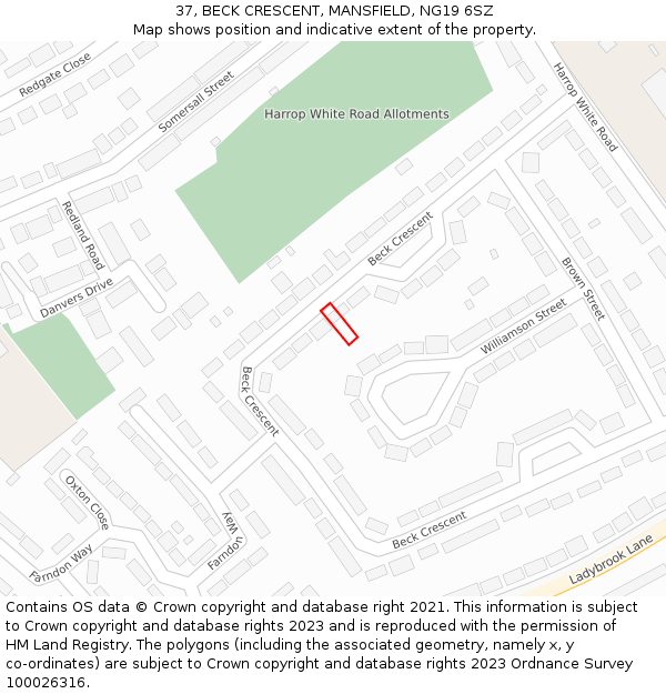 37, BECK CRESCENT, MANSFIELD, NG19 6SZ: Location map and indicative extent of plot