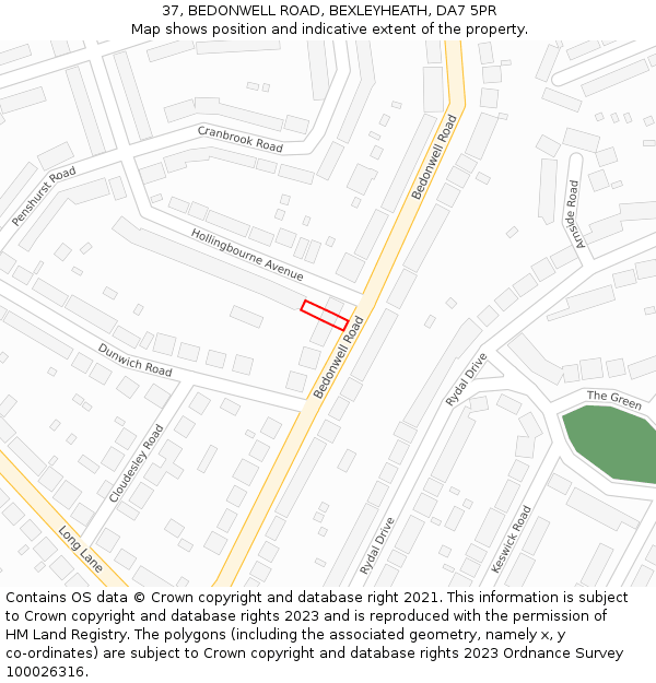 37, BEDONWELL ROAD, BEXLEYHEATH, DA7 5PR: Location map and indicative extent of plot