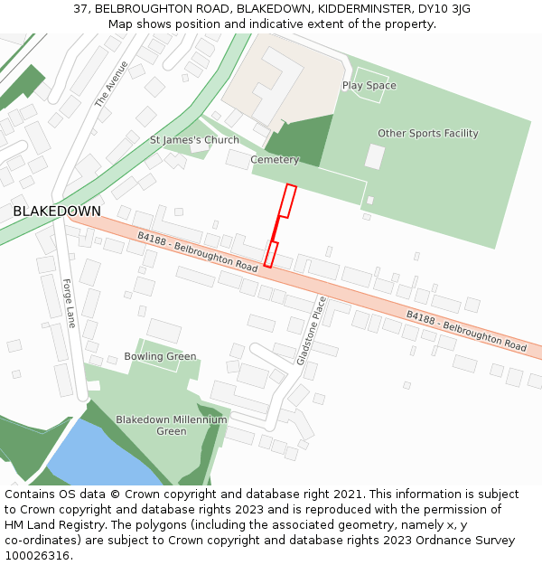 37, BELBROUGHTON ROAD, BLAKEDOWN, KIDDERMINSTER, DY10 3JG: Location map and indicative extent of plot