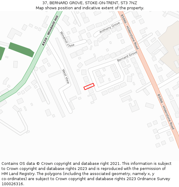 37, BERNARD GROVE, STOKE-ON-TRENT, ST3 7NZ: Location map and indicative extent of plot