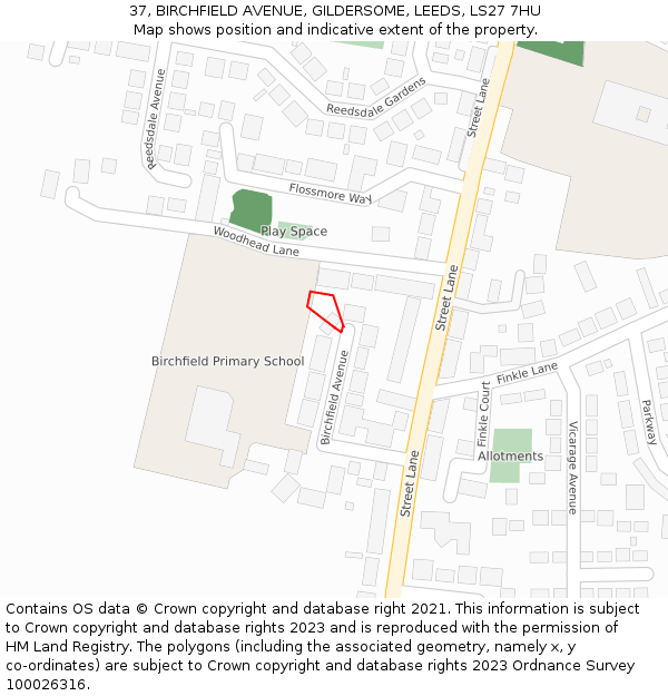 37, BIRCHFIELD AVENUE, GILDERSOME, LEEDS, LS27 7HU: Location map and indicative extent of plot