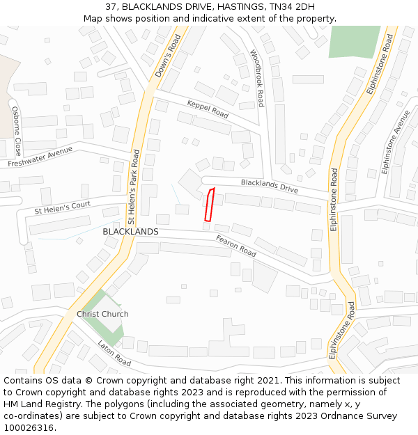 37, BLACKLANDS DRIVE, HASTINGS, TN34 2DH: Location map and indicative extent of plot
