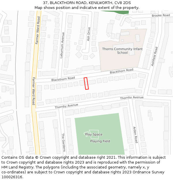 37, BLACKTHORN ROAD, KENILWORTH, CV8 2DS: Location map and indicative extent of plot