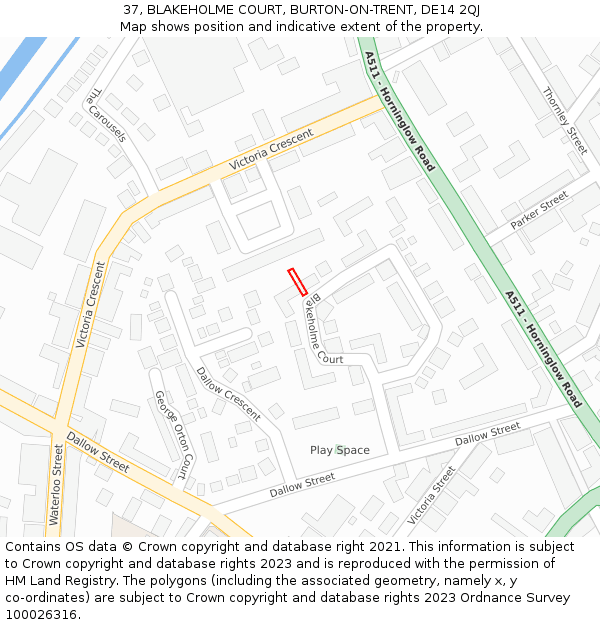 37, BLAKEHOLME COURT, BURTON-ON-TRENT, DE14 2QJ: Location map and indicative extent of plot